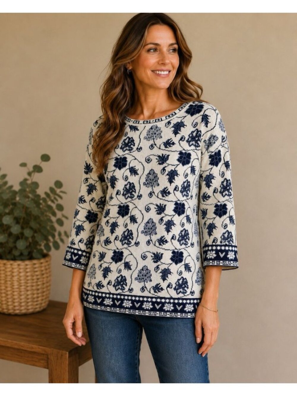 Vintage Tunic Length Sweater Women M Blue White Willow English Cottagecore Knit
